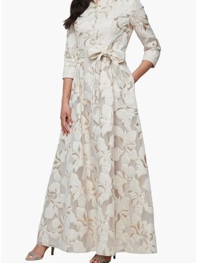 Alex Evenings Ivory Jacquard Floral Gown - Maxi Shirt Dress with Tie Waist